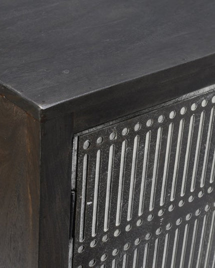 92" Dark Brown Carved Geometric Distressed Solid Wood Enclosed and Open Storage TV Stand