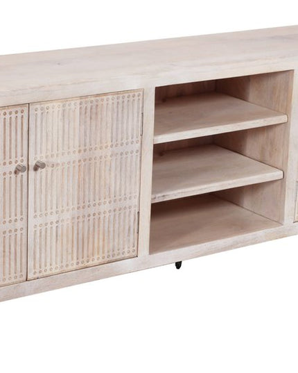 92" Ivory Carved Geometric Distressed Solid Wood Enclosed and Open Storage TV Stand