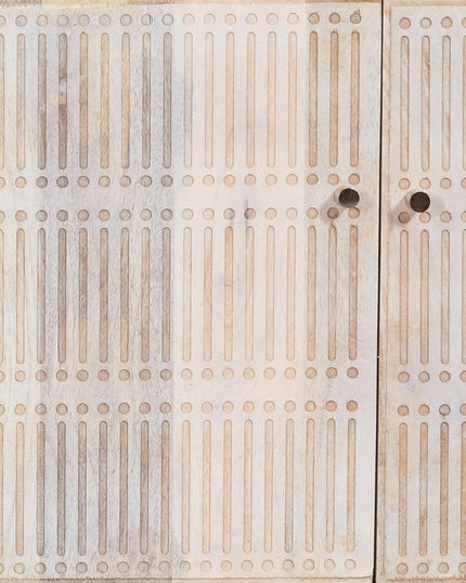 92" Ivory Carved Geometric Distressed Solid Wood Enclosed and Open Storage TV Stand