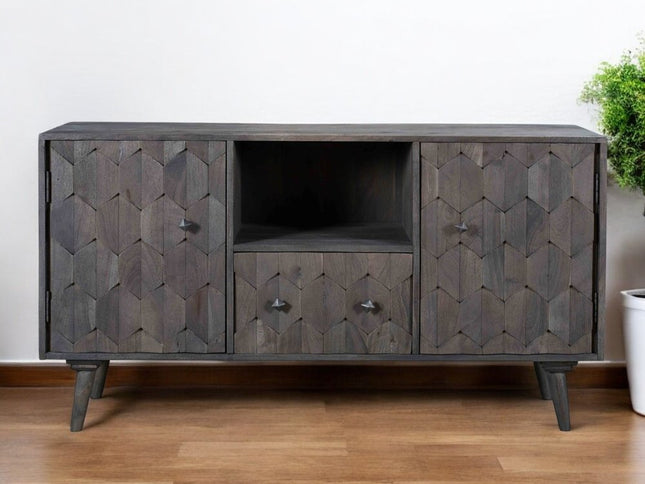 55" Dark Gray Carved Geometric Distressed Solid Wood Enclosed and Open Storage TV Stand