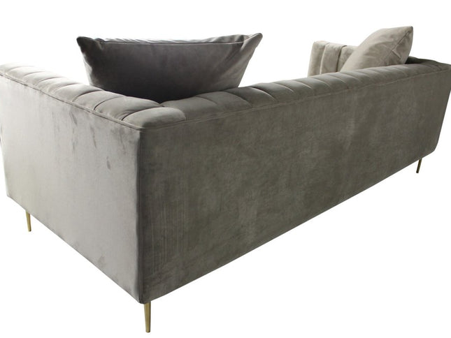 90" Gray Brown Velvet Sofa And Toss Pillows With Gold Legs