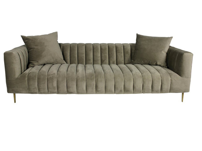 90" Gray Brown Velvet Sofa And Toss Pillows With Gold Legs