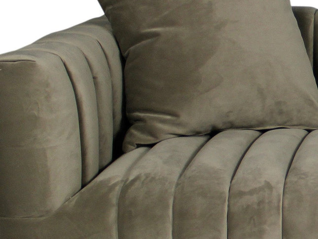 90" Gray Brown Velvet Sofa And Toss Pillows With Gold Legs