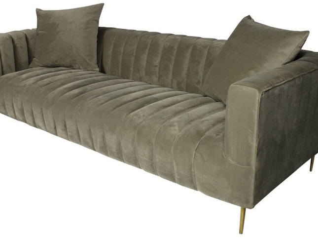 90" Gray Brown Velvet Sofa And Toss Pillows With Gold Legs