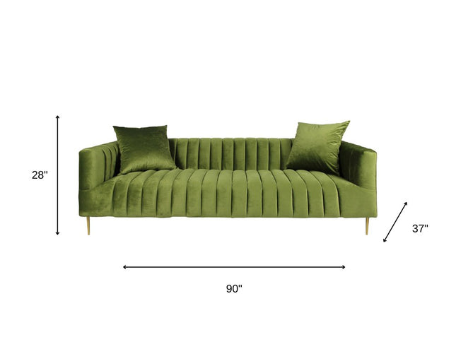90" Olive Green Velvet Sofa And Toss Pillows With Gold Legs