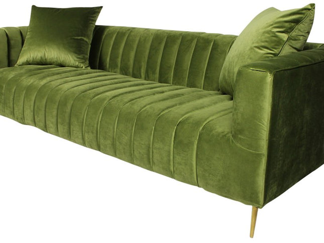 90" Olive Green Velvet Sofa And Toss Pillows With Gold Legs
