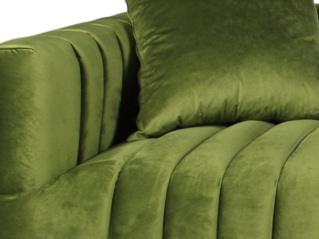 90" Olive Green Velvet Sofa And Toss Pillows With Gold Legs
