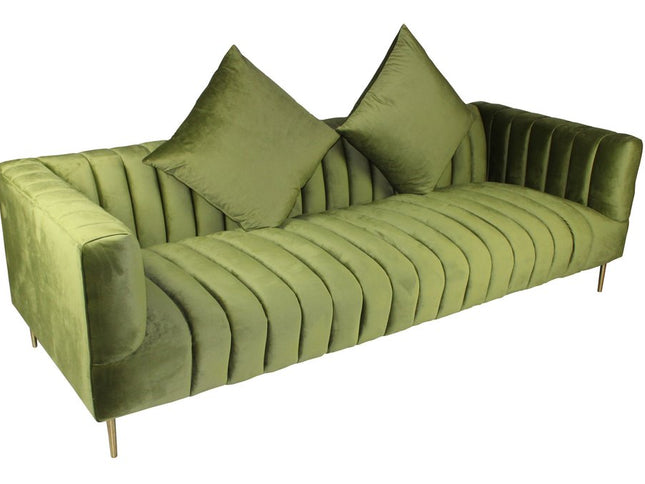 90" Olive Green Velvet Sofa And Toss Pillows With Gold Legs