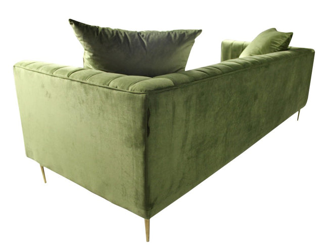 90" Olive Green Velvet Sofa And Toss Pillows With Gold Legs