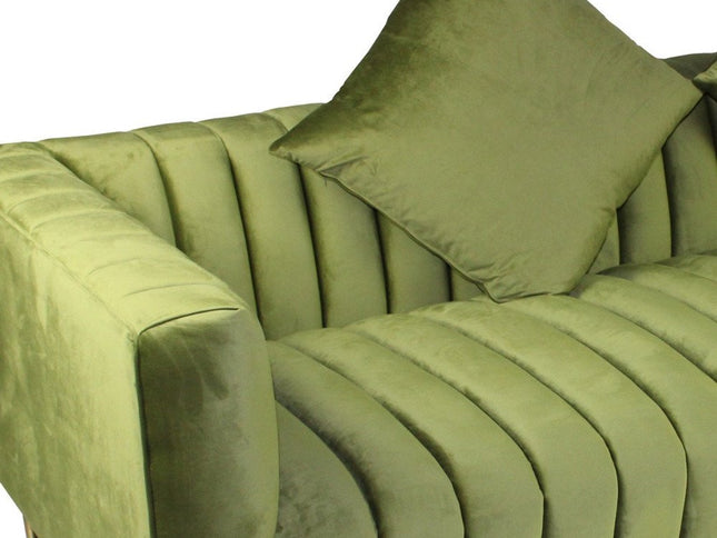 90" Olive Green Velvet Sofa And Toss Pillows With Gold Legs