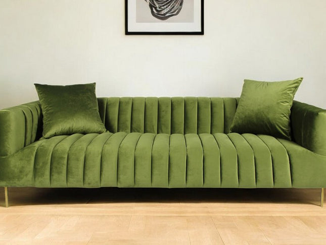 90" Olive Green Velvet Sofa And Toss Pillows With Gold Legs