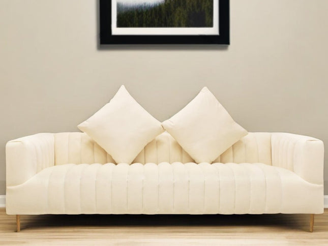 90" Ivory Velvet Sofa And Toss Pillows With Gold Legs