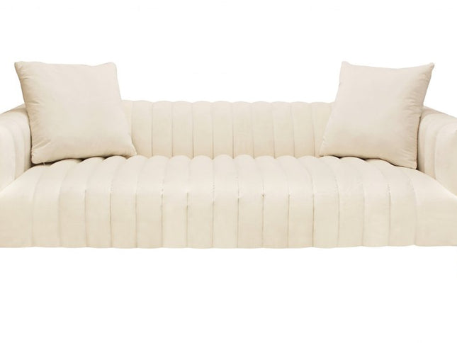90" Ivory Velvet Sofa And Toss Pillows With Gold Legs