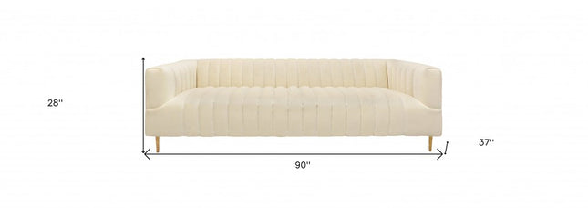 90" Ivory Velvet Sofa And Toss Pillows With Gold Legs