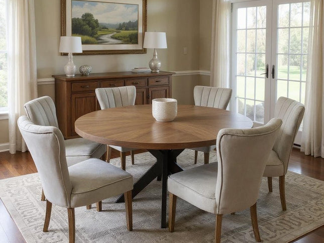 Seven Piece Gray and Black Round Solid Wood Dining Set with Six Chairs