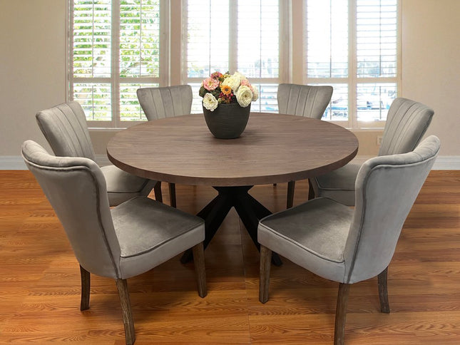 Seven Piece Gray and Black Round Solid Wood Dining Set with Six Chairs