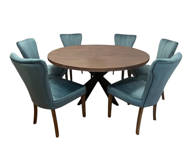 Seven Piece Gray and Black Round Solid Wood Dining Set with Six Chairs