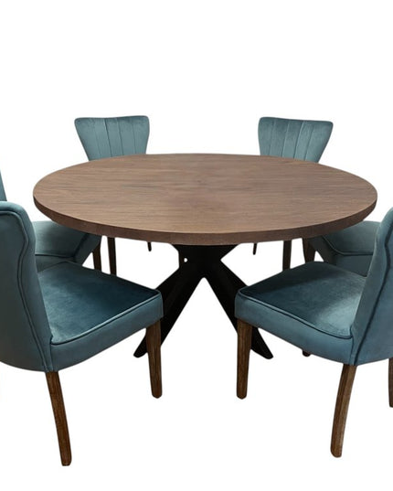 Seven Piece Gray and Black Round Solid Wood Dining Set with Six Chairs