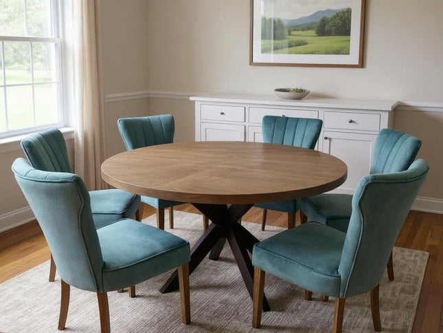 Seven Piece Gray and Black Round Solid Wood Dining Set with Six Chairs