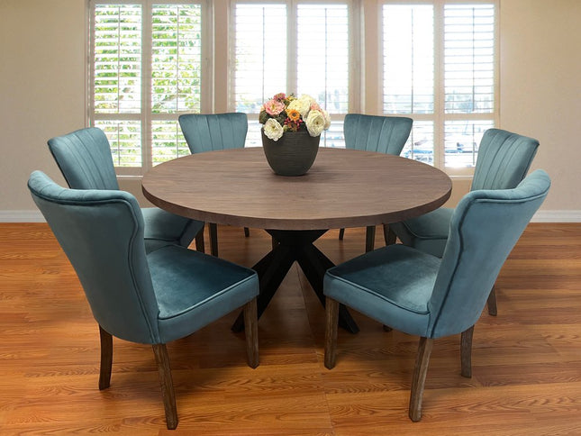 Seven Piece Gray and Black Round Solid Wood Dining Set with Six Chairs