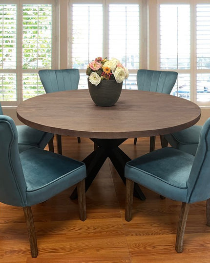 Seven Piece Gray and Black Round Solid Wood Dining Set with Six Chairs