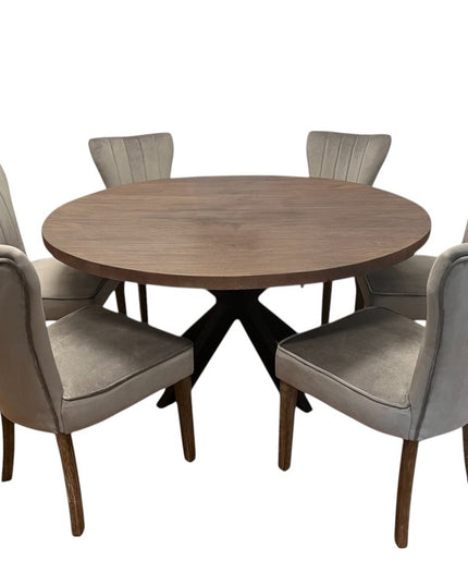 Seven Piece Gray and Black Round Solid Wood Dining Set with Six Chairs