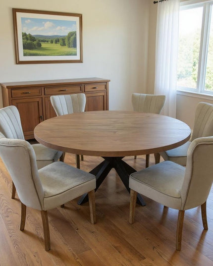 Seven Piece Gray and Black Round Solid Wood Dining Set with Six Chairs