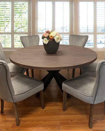 Seven Piece Gray and Black Round Solid Wood Dining Set with Six Chairs