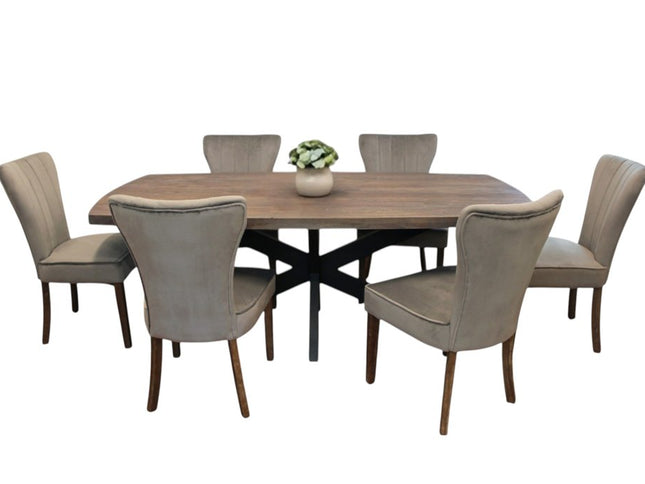 Seven Piece Gray and Black Solid Wood Dining Set with Six Chairs