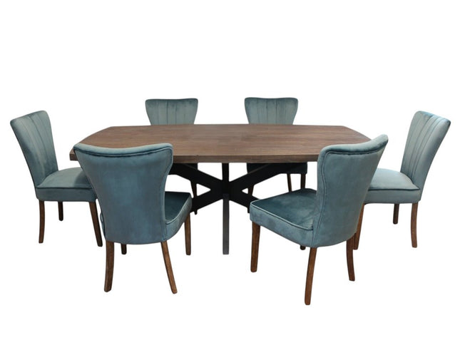 Seven Piece Gray and Black Solid Wood Dining Set with Six Chairs