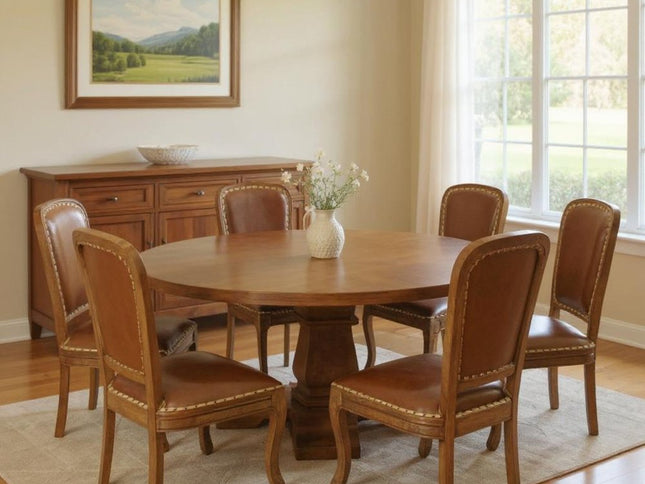 Seven Piece Brown Round Solid Wood Dining Set with Six Chairs