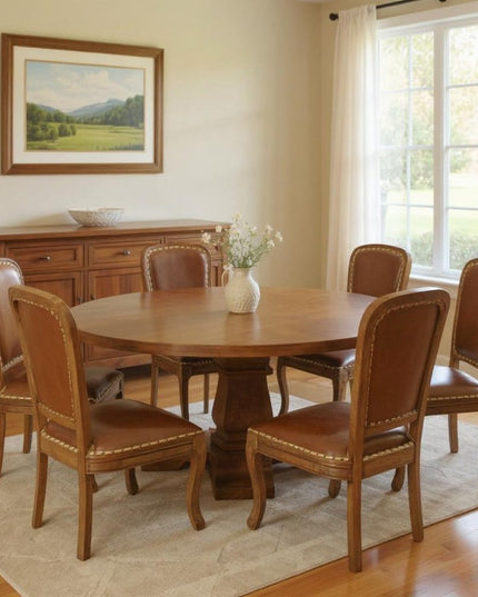 Seven Piece Brown Round Solid Wood Dining Set with Six Chairs