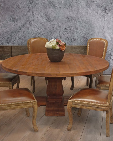 Seven Piece Brown Round Solid Wood Dining Set with Six Chairs