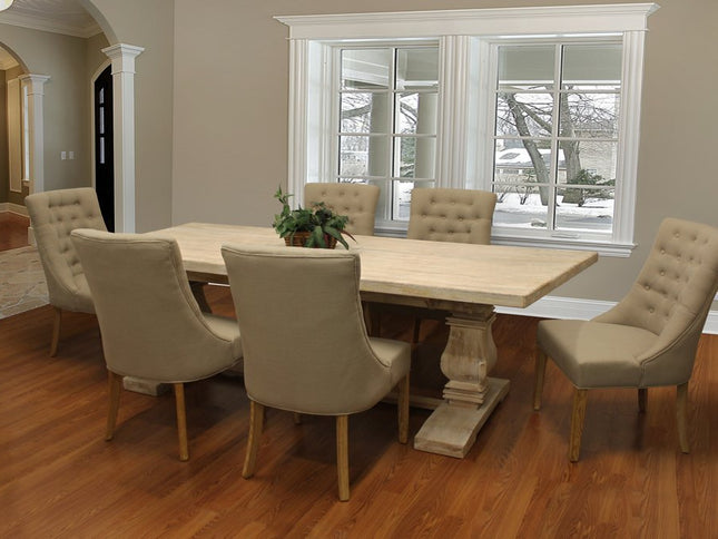 Seven Piece White Solid Wood Dining Set with Six Chairs