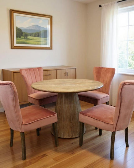 Five Piece Natural Round Solid Wood Dining Set with Four Chairs