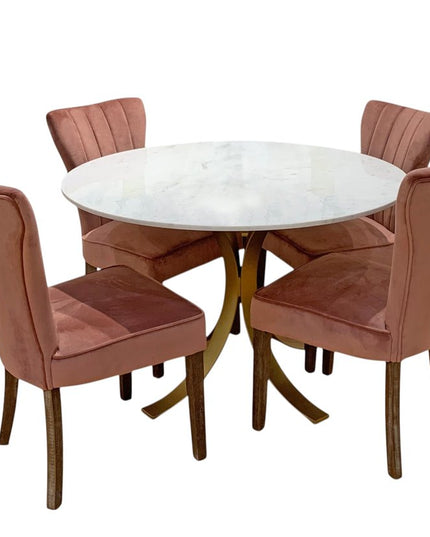 Five Piece Ivory and Gold Round Marble Dining Set with Four Chairs