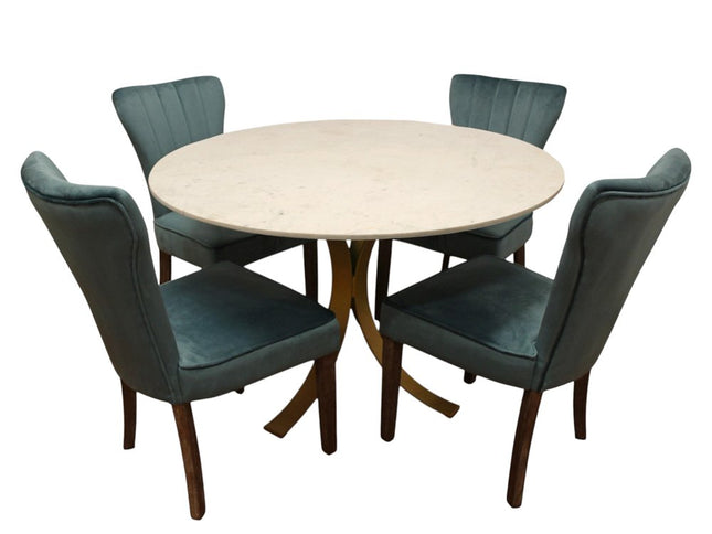 Five Piece Ivory and Gold Round Marble Dining Set with Four Chairs