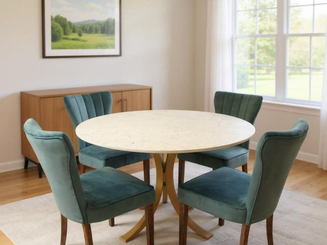 Five Piece Ivory and Gold Round Marble Dining Set with Four Chairs