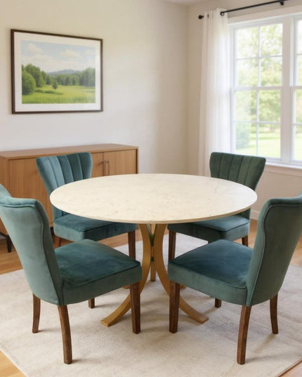Five Piece Ivory and Gold Round Marble Dining Set with Four Chairs