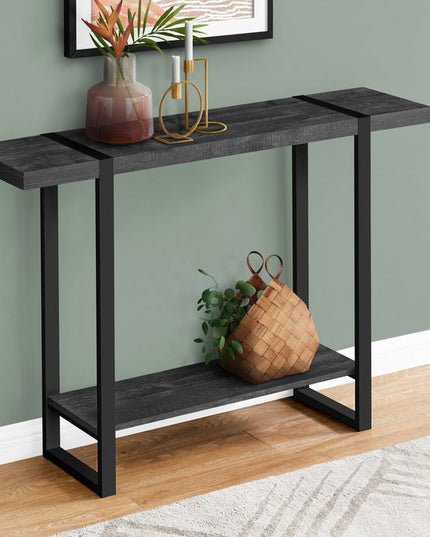 47" Black Wood and Metal Distressed Sled Console Table With Shelf
