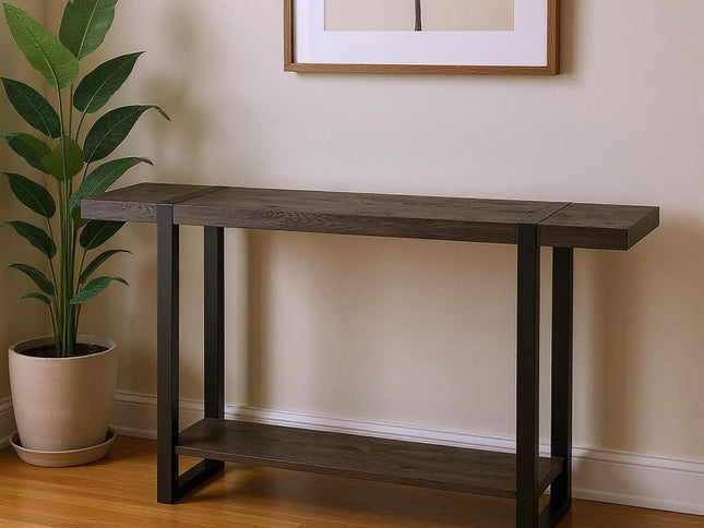 47" Black Wood and Metal Distressed Sled Console Table With Shelf