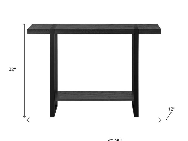 47" Black Wood and Metal Distressed Sled Console Table With Shelf