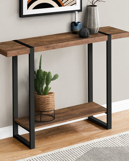 47" Brown and Black Wood and Metal Distressed Sled Console Table With Shelf