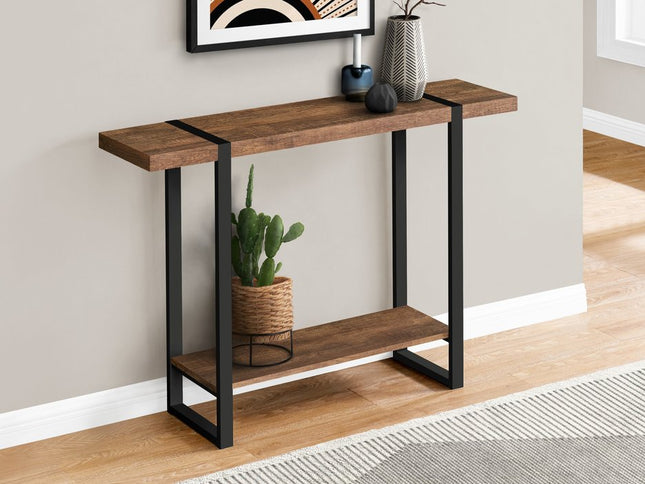 47" Brown and Black Wood and Metal Distressed Sled Console Table With Shelf