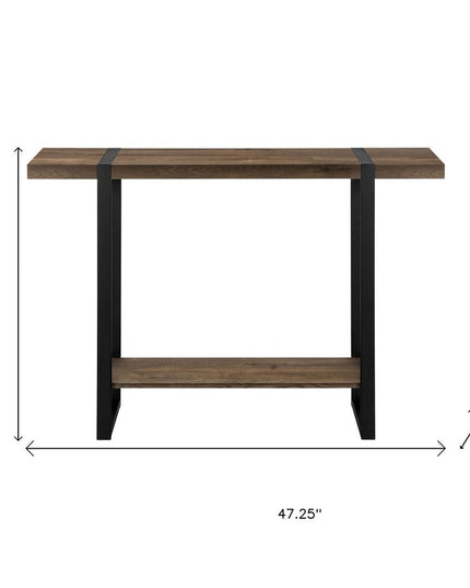 47" Brown and Black Wood and Metal Distressed Sled Console Table With Shelf