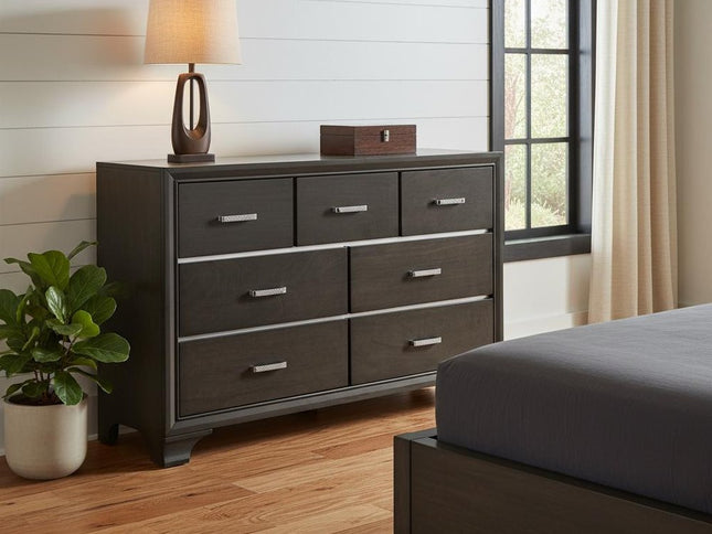 58" Gray Solid and Manufactured Wood Seven Drawer Triple Dresser
