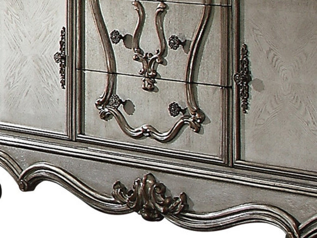 70" Platinum Carved Scrollwork Wood And Polyresin Five Drawer Triple Dresser