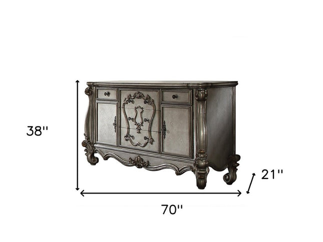 70" Platinum Carved Scrollwork Wood And Polyresin Five Drawer Triple Dresser