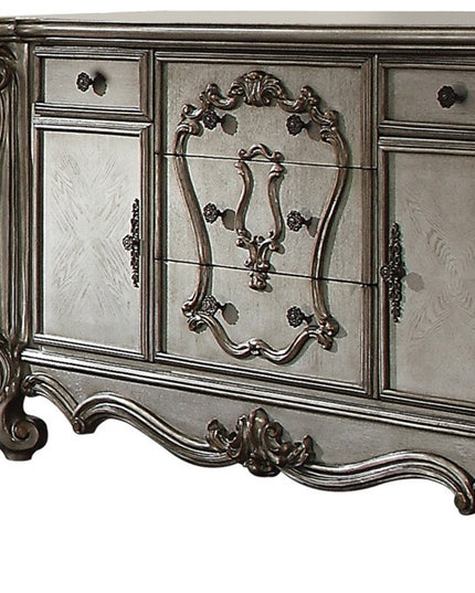 70" Platinum Carved Scrollwork Wood And Polyresin Five Drawer Triple Dresser