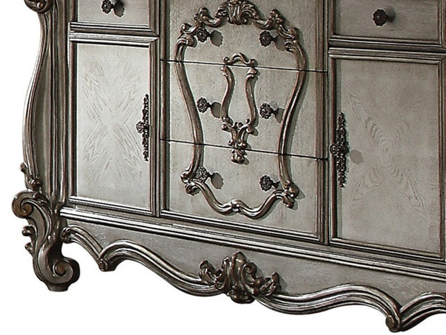 70" Platinum Carved Scrollwork Wood And Polyresin Five Drawer Triple Dresser